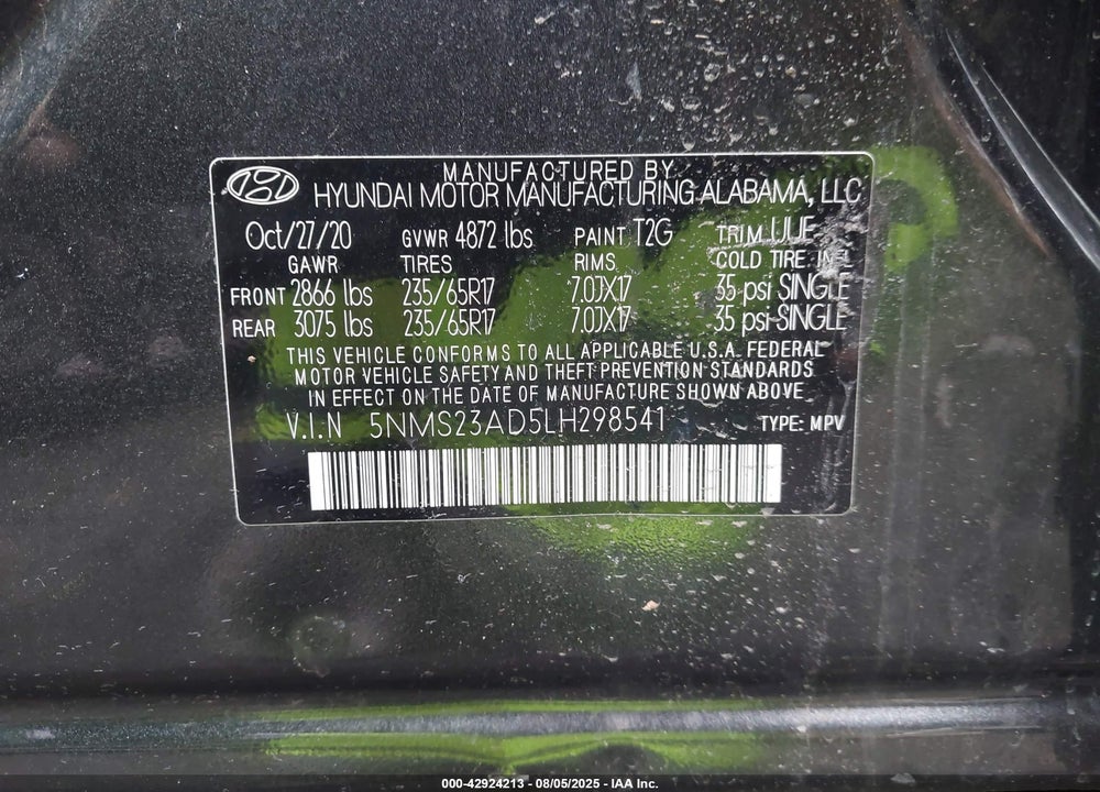 2020 HYUNDAI SANTA FE VIN: 5NMS23AD5LH298541