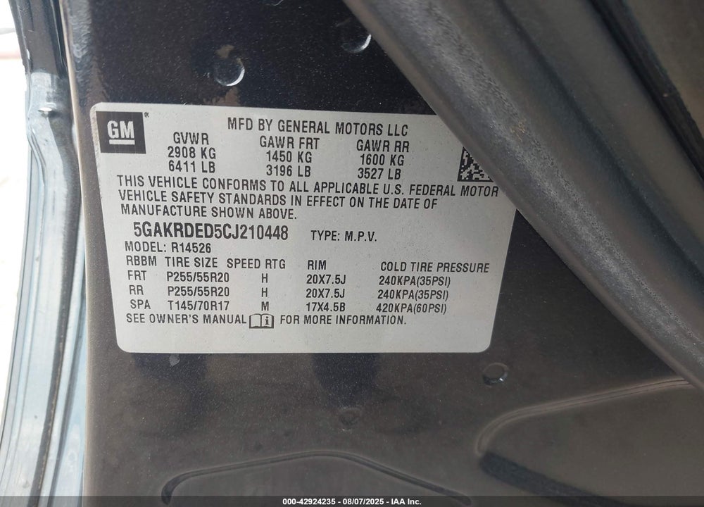 2012 BUICK ENCLAVE VIN: 5GAKRDED5CJ210448