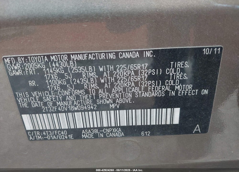 2011 TOYOTA RAV4 VIN: 2T3ZF4DV1BW094942