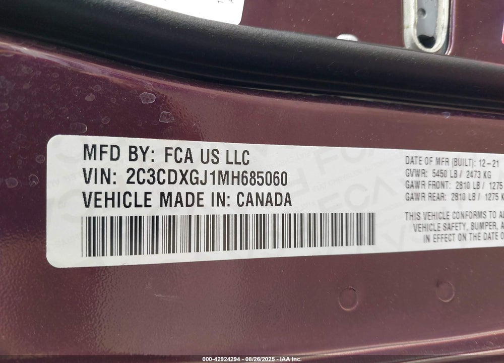 2021 DODGE CHARGER VIN: 2C3CDXGJ1MH685060