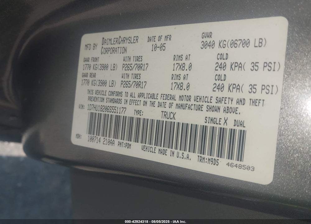 2006 DODGE RAM 1500 SLT/TRX4 OFF ROAD/SPORT VIN: 1D7HU18206S551177