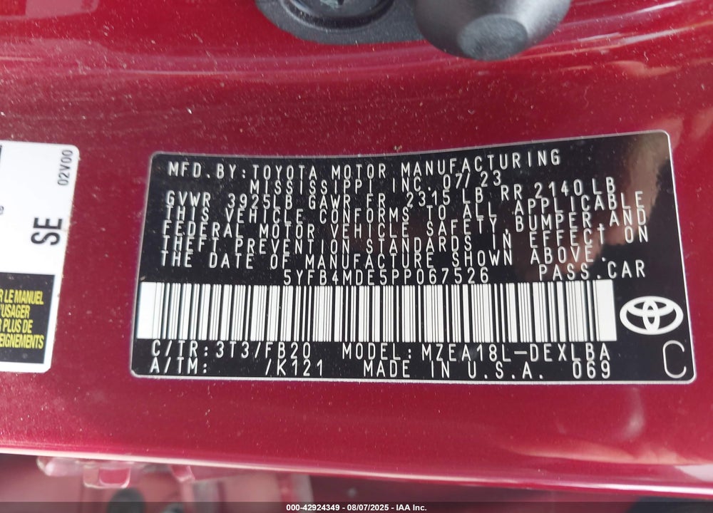 2023 TOYOTA COROLLA LE VIN: 5YFB4MDE5PP067526