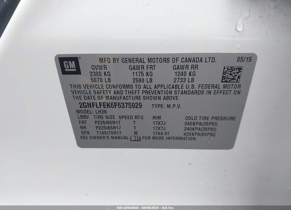 2015 CHEVROLET EQUINOX VIN: 2GNFLFEK6F6375929