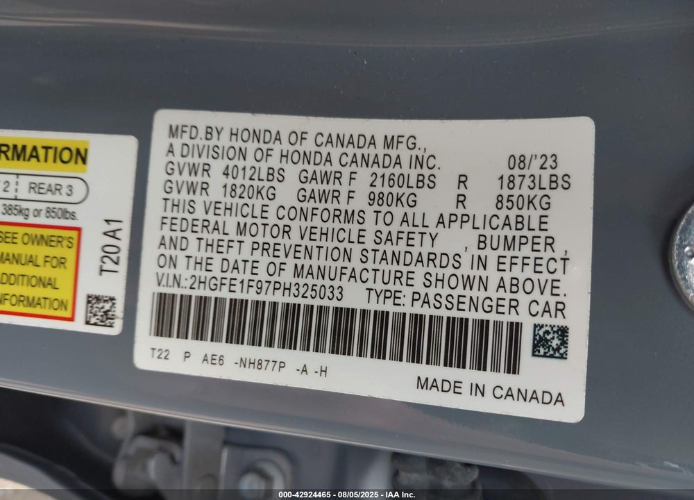 2023 HONDA CIVIC VIN: 2HGFE1F97PH325033