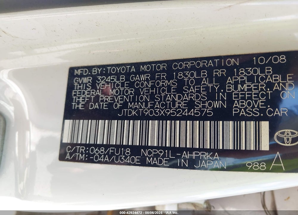 2009 TOYOTA YARIS VIN: JTDKT903X95244575