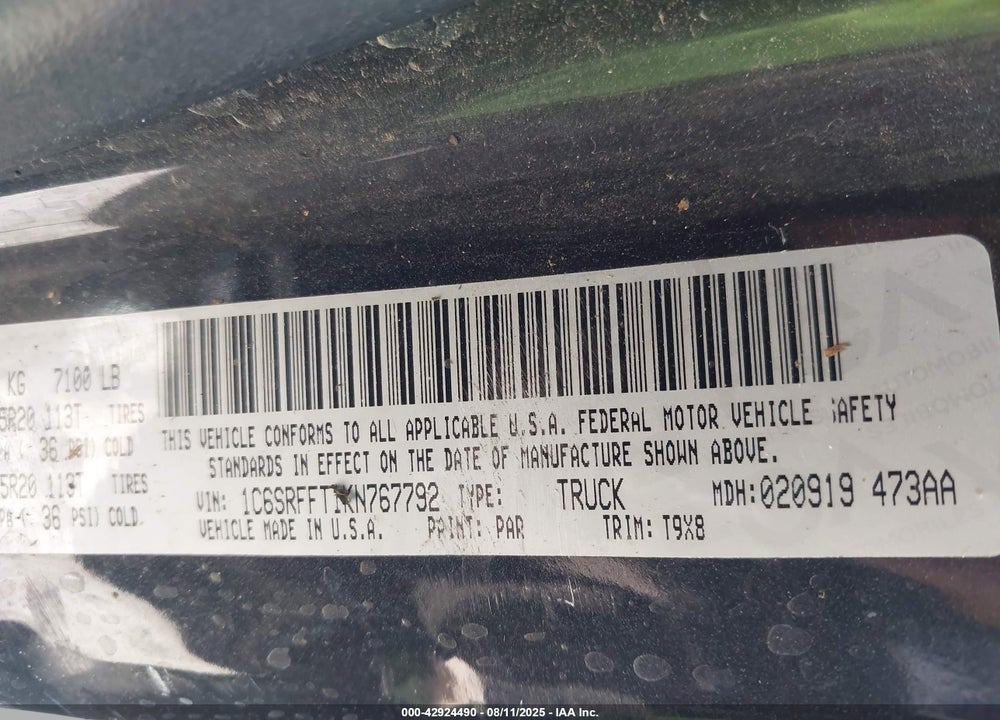 2019 RAM 1500 VIN: 1C6SRFFT1KN767792