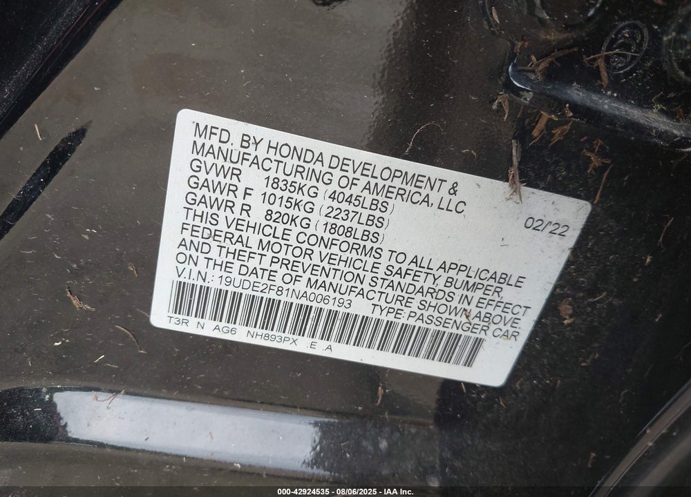2022 ACURA ILX VIN: 19UDE2F81NA006193