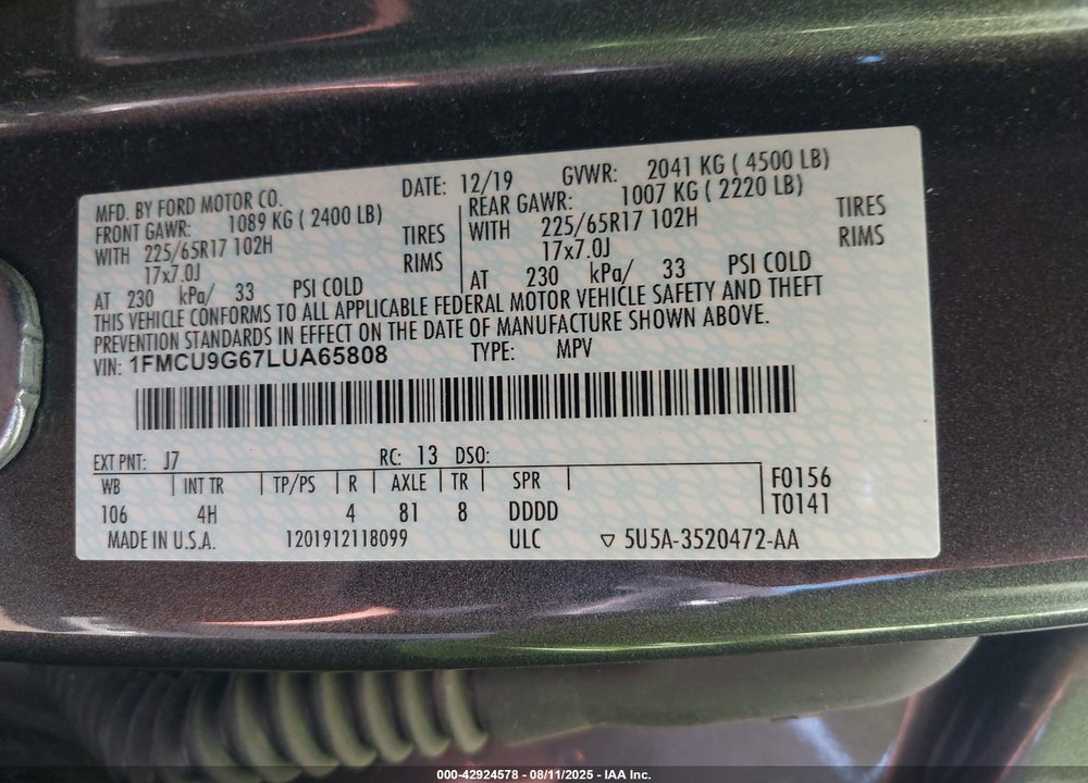 2020 FORD ESCAPE VIN: 1FMCU9G67LUA65808