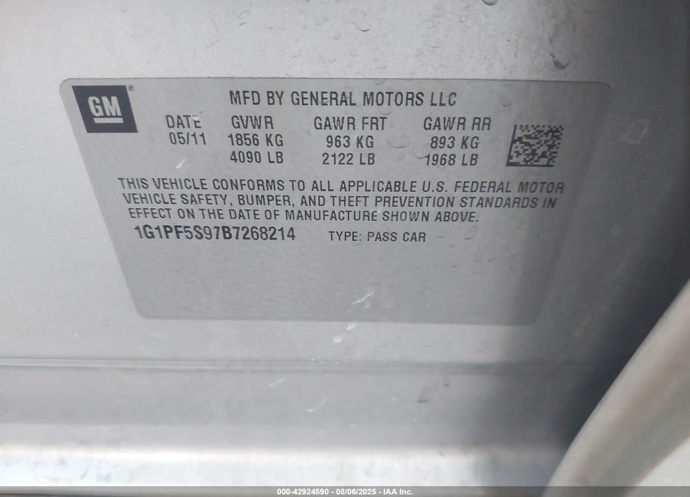 2011 CHEVROLET CRUZE VIN: 1G1PF5S97B7268214