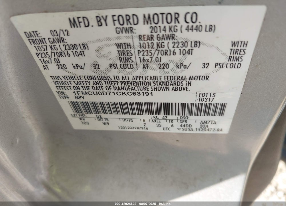 2012 FORD ESCAPE VIN: 1FMCU0D71CKC63191