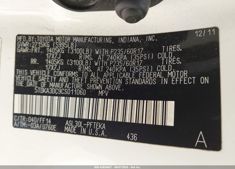 2012 TOYOTA SIENNA BASE 7 PASSENGER VIN: 5TDKA3DC9CS011060
