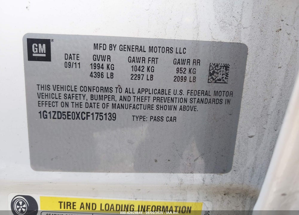 2012 CHEVROLET MALIBU VIN: 1G1ZD5E0XCF175139