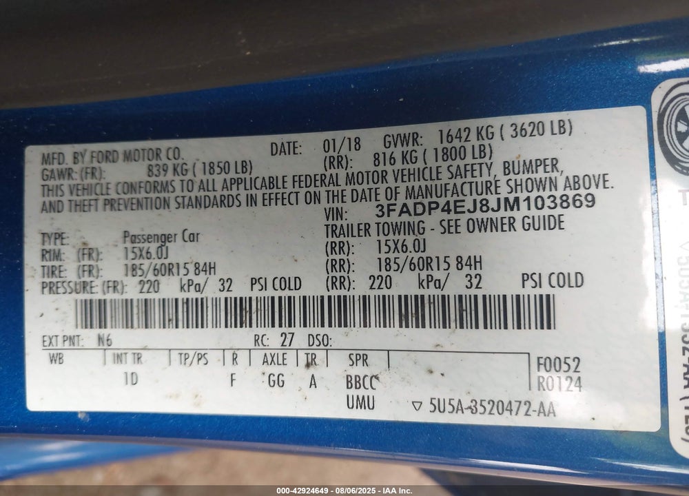2018 FORD FIESTA VIN: 3FADP4EJ8JM103869