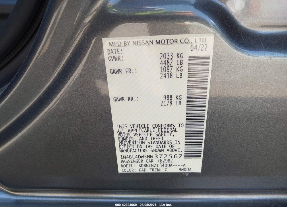 2022 NISSAN ALTIMA VIN: 1N4BL4DW5NN372567