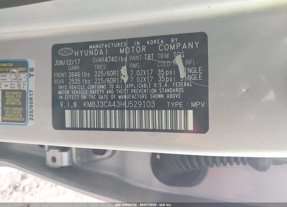 2017 HYUNDAI TUCSON VIN: KM8J3CA43HU529103