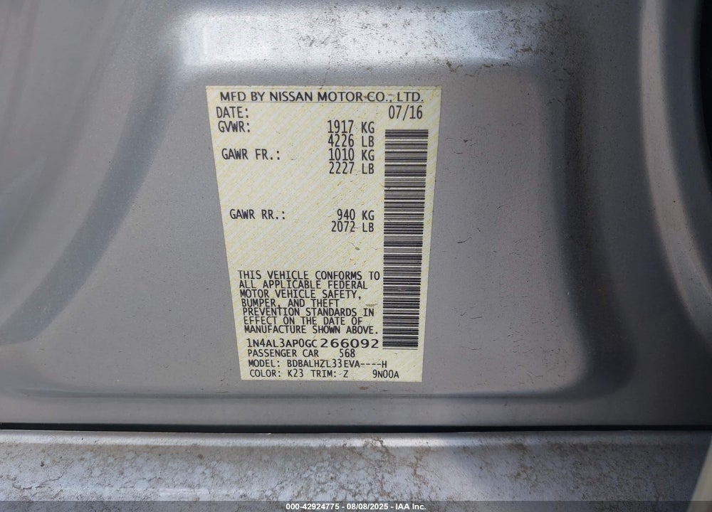 2016 NISSAN ALTIMA VIN: 1N4AL3AP0GC266092