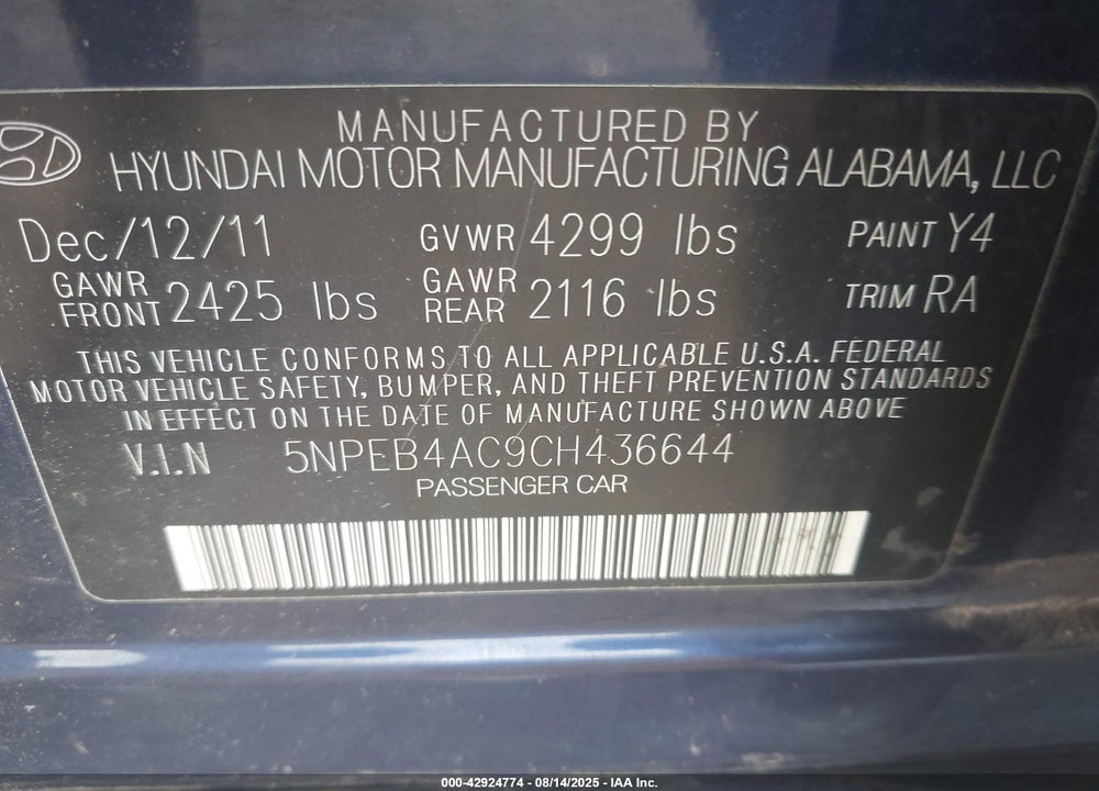 2012 HYUNDAI SONATA VIN: 5NPEB4AC9CH436644