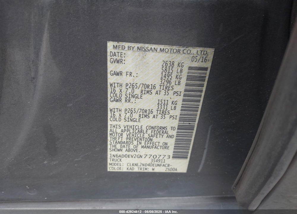 2016 NISSAN FRONTIER VIN: 1N6AD0EV2GN770773