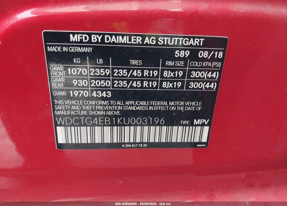 2019 MERCEDES-BENZ GLA 250 VIN: WDCTG4EB1KU003196