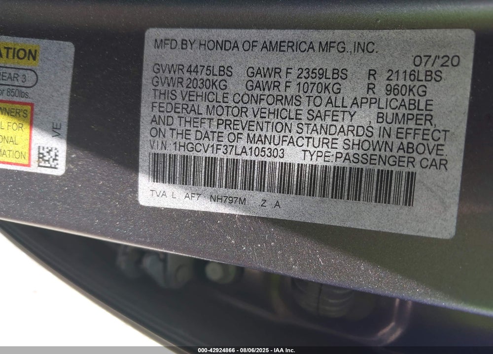 2020 HONDA ACCORD VIN: 1HGCV1F37LA105303