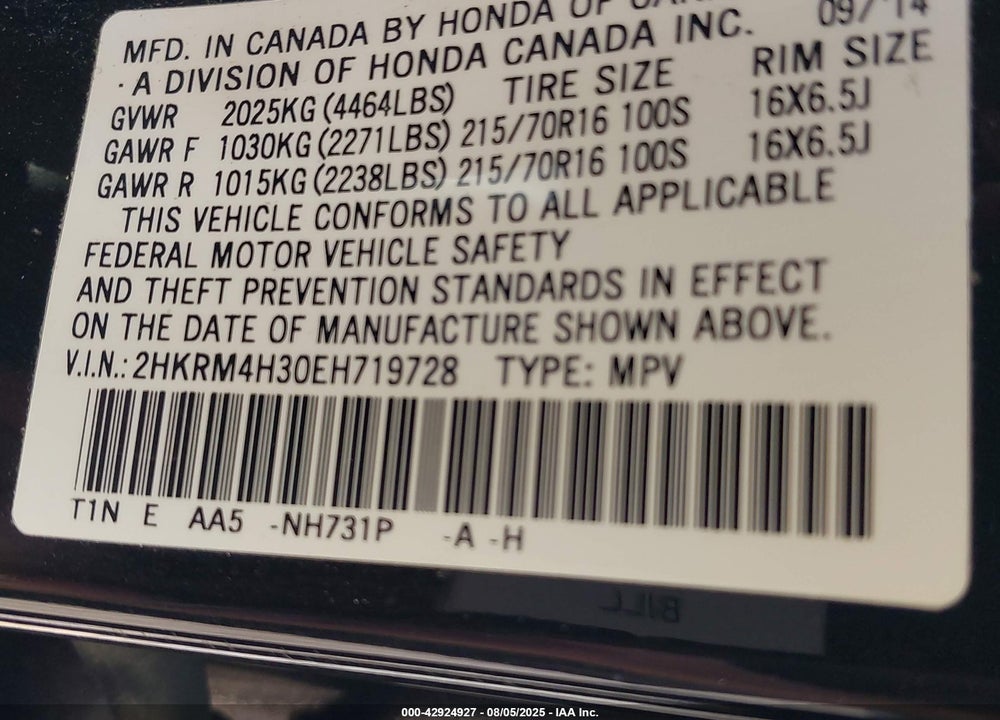 2014 HONDA CR-V VIN: 2HKRM4H30EH719728