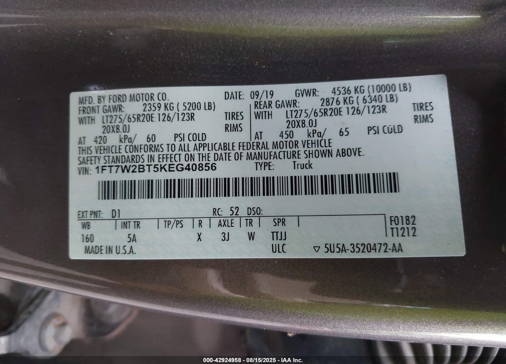 2019 FORD F-250 LARIAT VIN: 1FT7W2BT5KEG40856