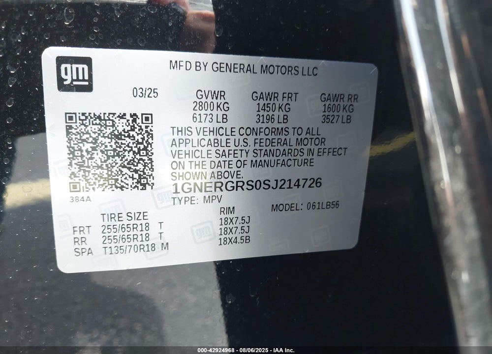 2025 CHEVROLET TRAVERSE VIN: 1GNERGRS0SJ214726