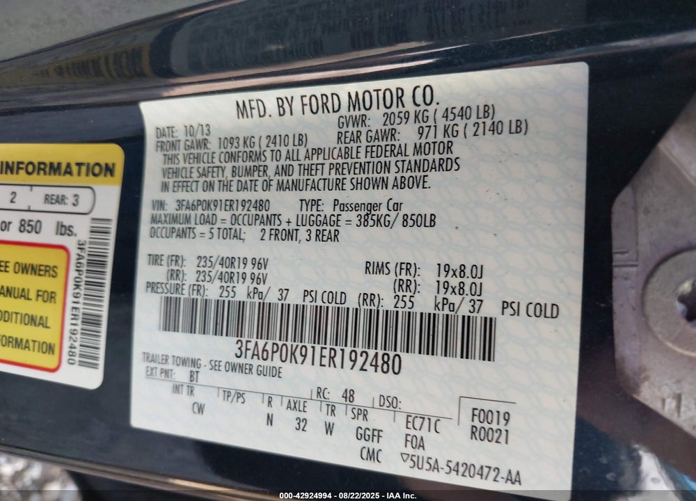 2014 FORD FUSION VIN: 3FA6P0K91ER192480