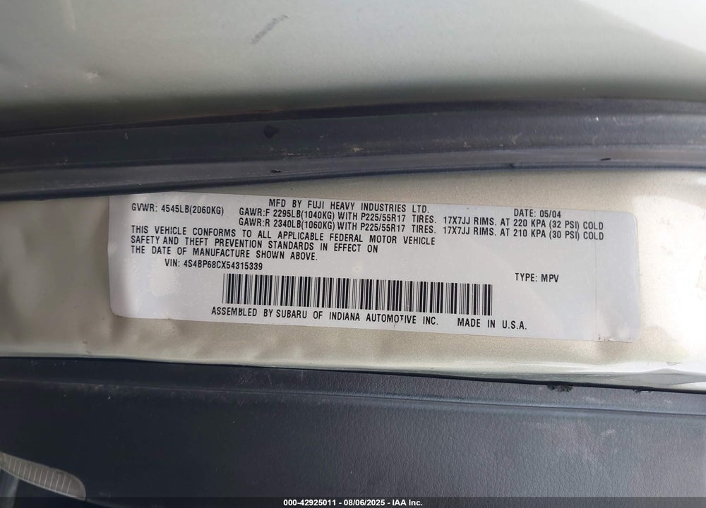 2005 SUBARU OUTBACK 2.5XT VIN: 4S4BP68CX54315339