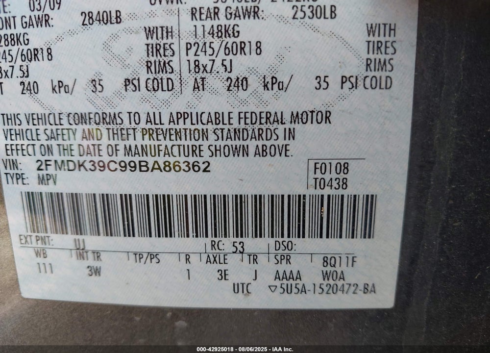 2009 FORD EDGE VIN: 2FMDK39C99BA86362