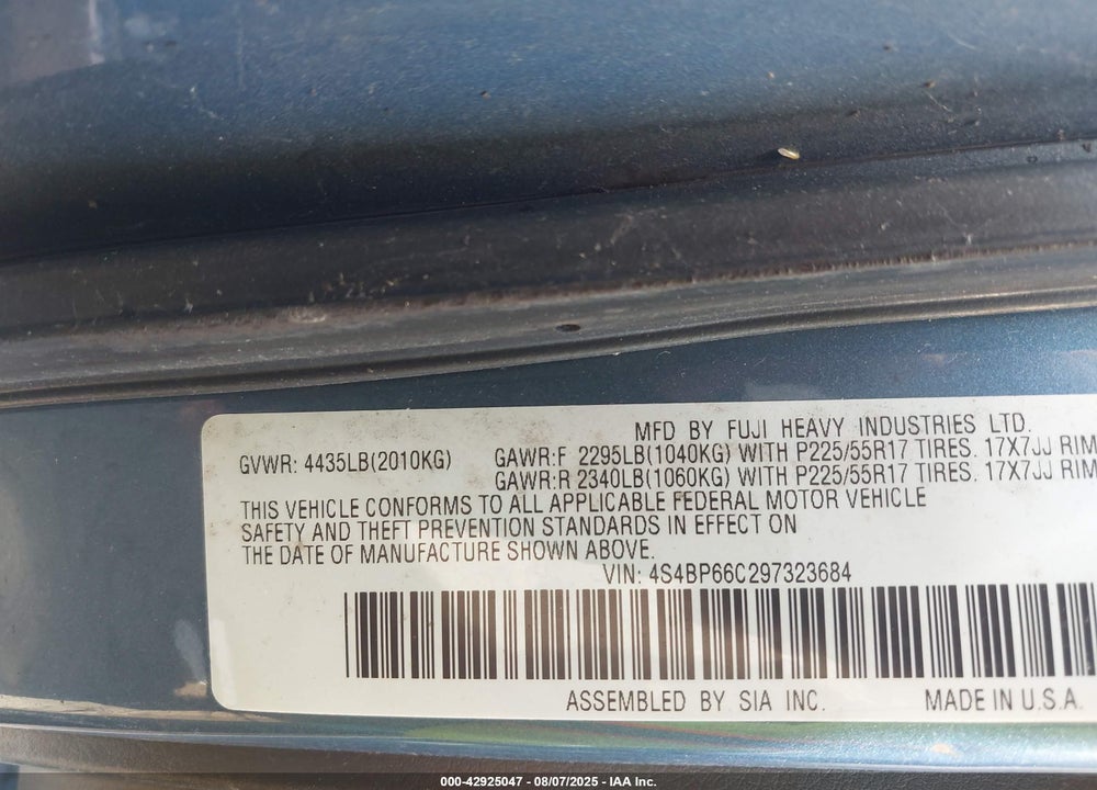 2009 SUBARU OUTBACK VIN: 4S4BP66C297323684