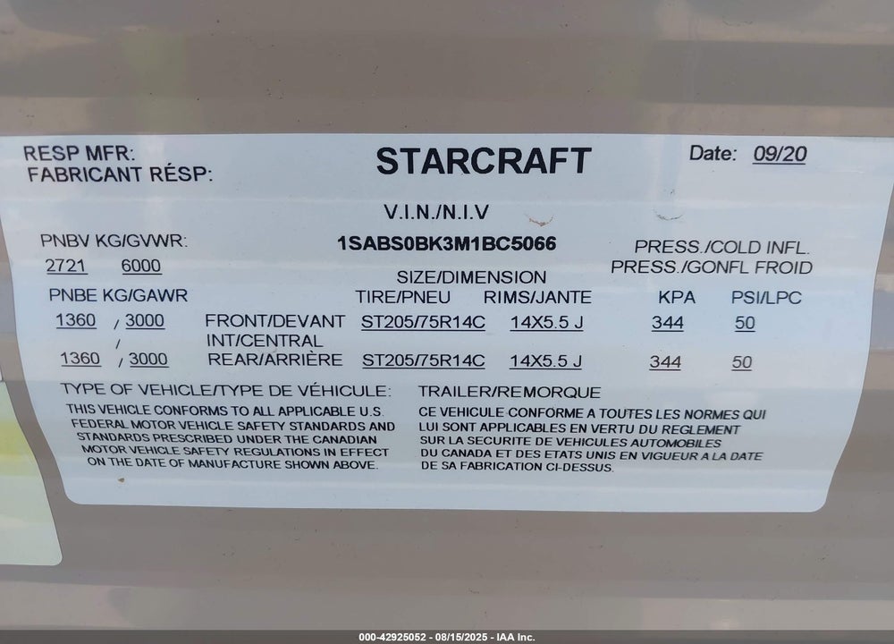 2021 STARCRAFT AUTUMN RID 20FBS VIN: 1SABS0BK3M1BC5066