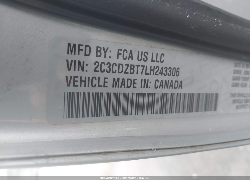 2020 DODGE CHALLENGER VIN: 2C3CDZBT7LH243306