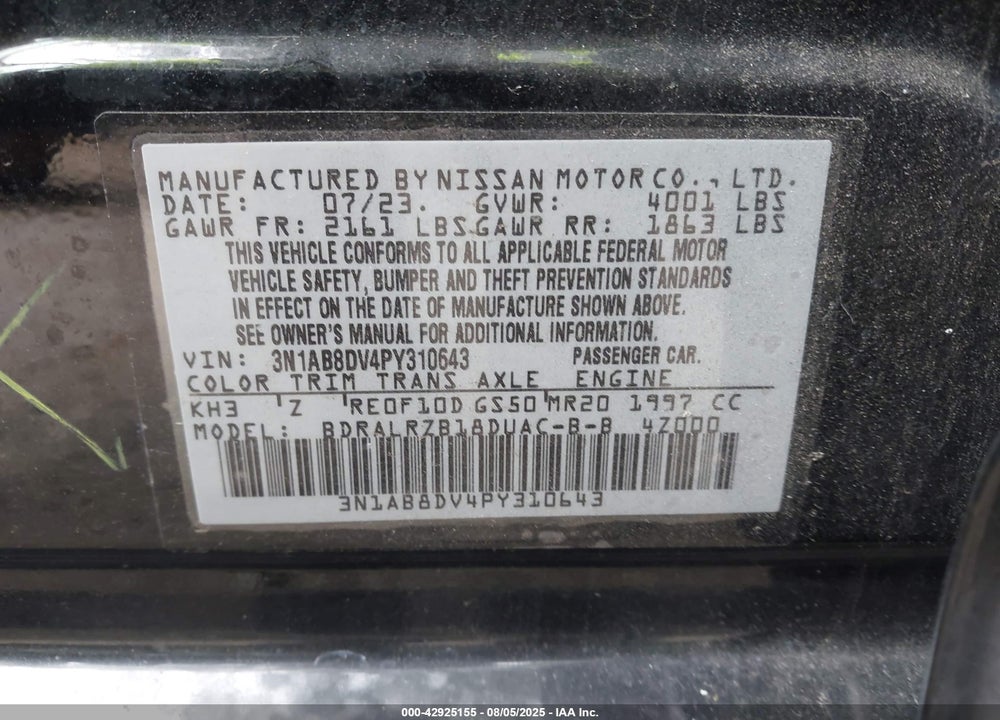 2023 NISSAN SENTRA VIN: 3N1AB8DV4PY310643