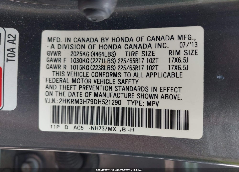 2013 HONDA CR-V EX-L VIN: 2HKRM3H79DH521290