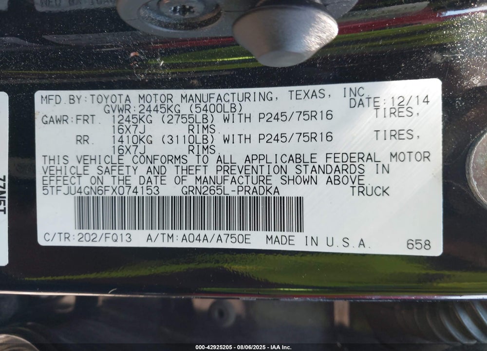 2015 TOYOTA TACOMA VIN: 5TFJU4GN6FX074153
