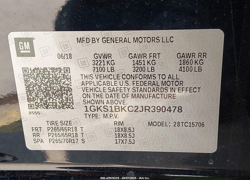 2018 GMC YUKON SLT VIN: 1GKS1BKC2JR390478