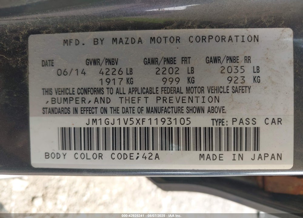 2015 MAZDA 6 VIN: JM1GJ1V5XF1193105