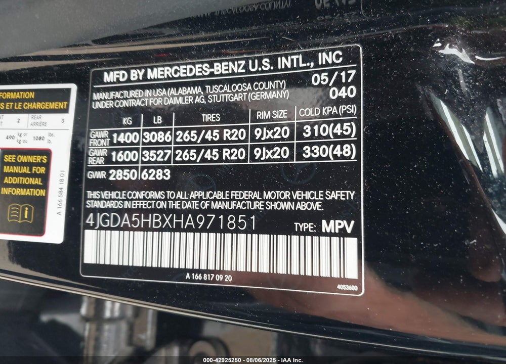 2017 MERCEDES-BENZ GLE CLASS VIN: 4JGDA5HBXHA971851