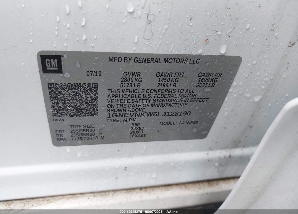 2020 CHEVROLET TRAVERSE VIN: 1GNEVNKW6LJ128190