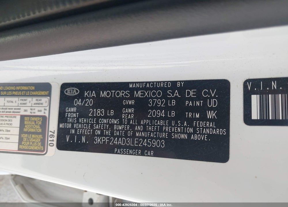 2020 KIA FORTE VIN: 3KPF24AD3LE245903
