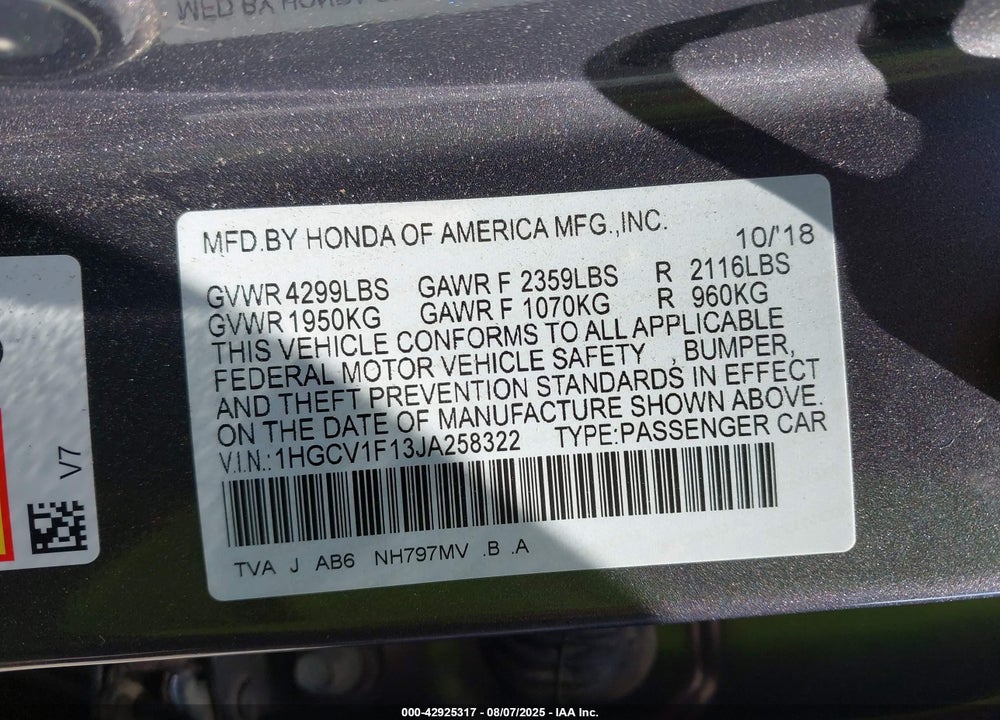 2018 HONDA ACCORD VIN: 1HGCV1F13JA258322