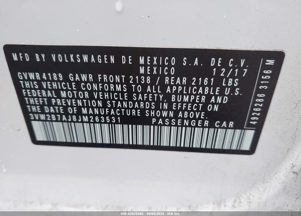 2018 VOLKSWAGEN JETTA VIN: 3VW2B7AJ8JM263531