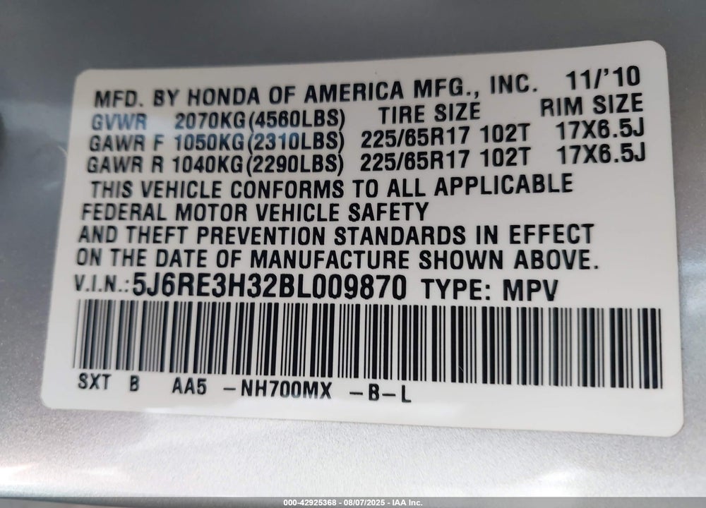 2011 HONDA CR-V VIN: 5J6RE3H32BL009870