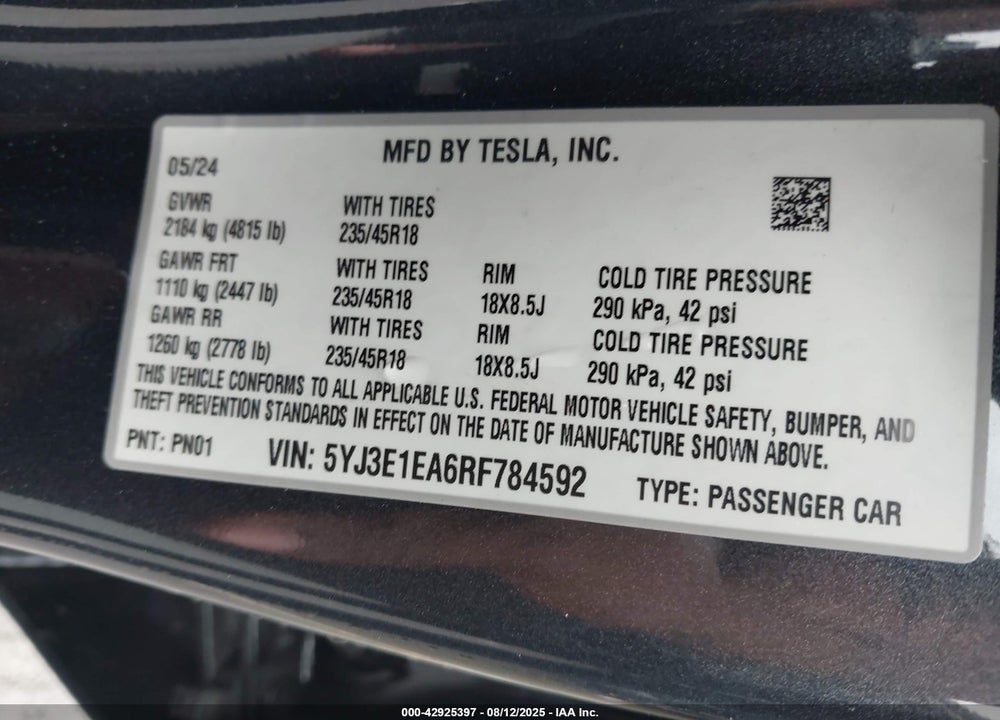 2024 TESLA MODEL 3 VIN: 5YJ3E1EA6RF784592