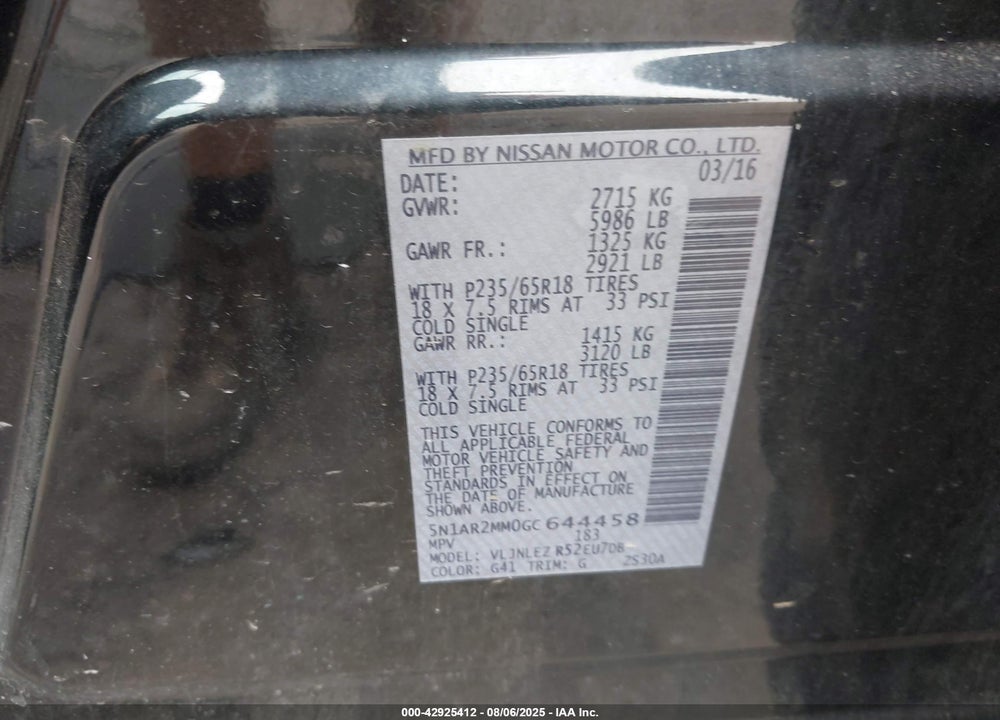 2016 NISSAN PATHFINDER VIN: 5N1AR2MM0GC644458