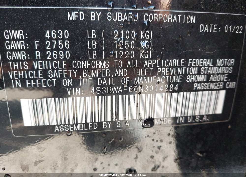 2022 SUBARU LEGACY VIN: 4S3BWAF60N3014284