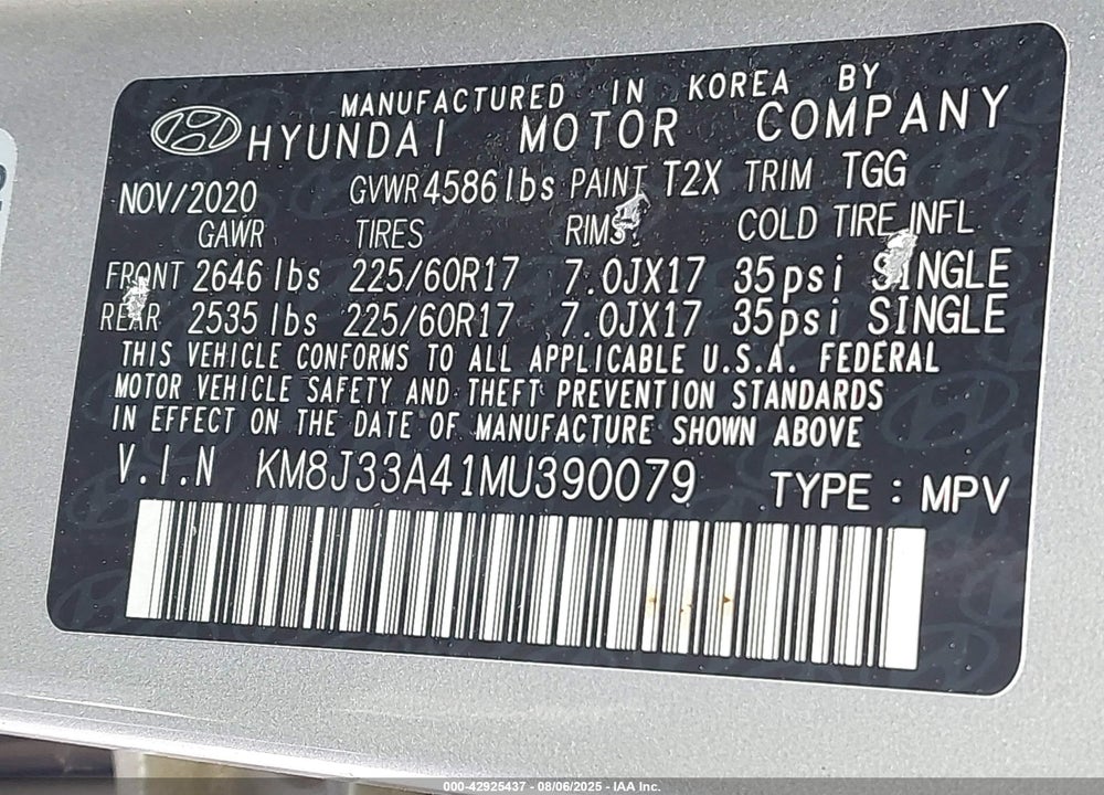 2021 HYUNDAI TUCSON VIN: KM8J33A41MU390079