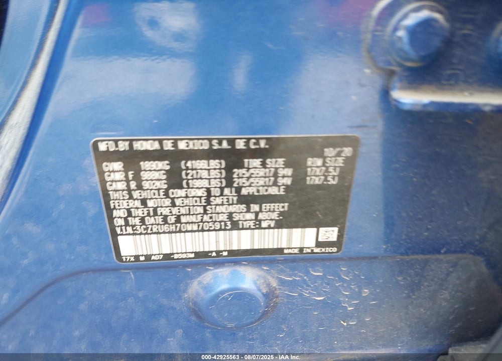 2021 HONDA HR-V VIN: 3CZRU6H70MM705913