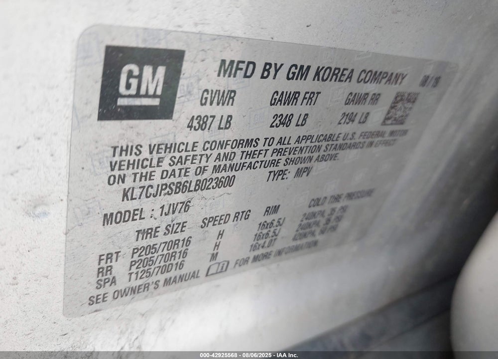 2020 CHEVROLET TRAX VIN: KL7CJPSB6LB023600